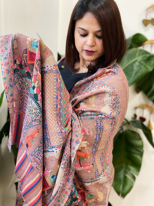 Lite Brown Printed Reversible Kalamkari Stoles in Premium Wool