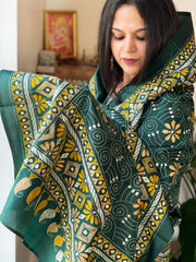 Green Handmade Nakshi Kantha Dupatta in Pure Silk