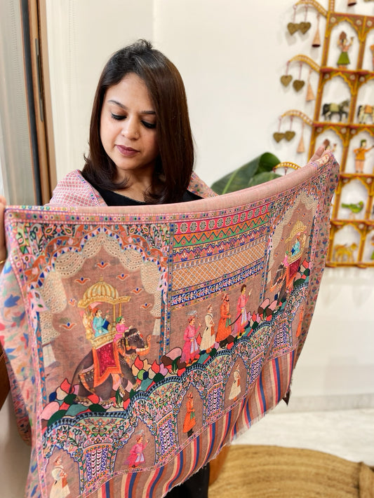 Lite Brown Printed Reversible Kalamkari Stoles in Premium Wool