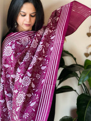 Wine Handmade Nakshi Kantha Dupatta in Pure Silk