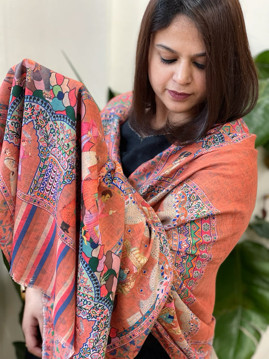 Orange Printed Reversible Kalamkari Stoles in Premium Wool