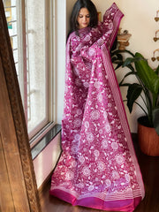 Wine Handmade Nakshi Kantha Dupatta in Pure Silk