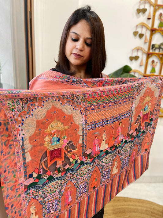 Orange Printed Reversible Kalamkari Stoles in Premium Wool