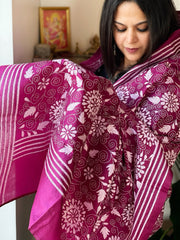 Wine Handmade Nakshi Kantha Dupatta in Pure Silk