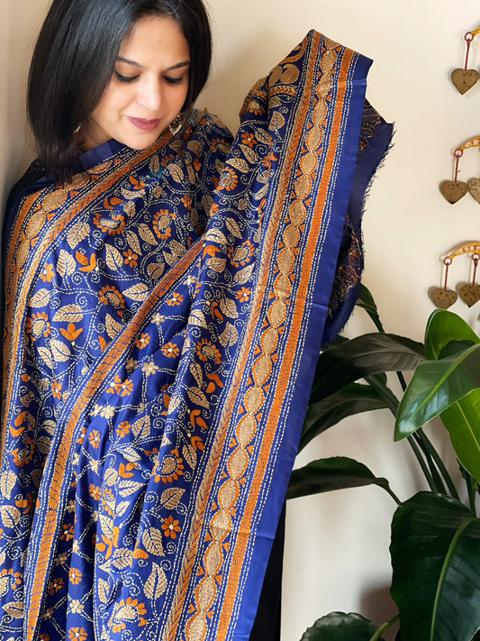 Blue Handmade Nakshi Kantha Dupatta in Pure Silk