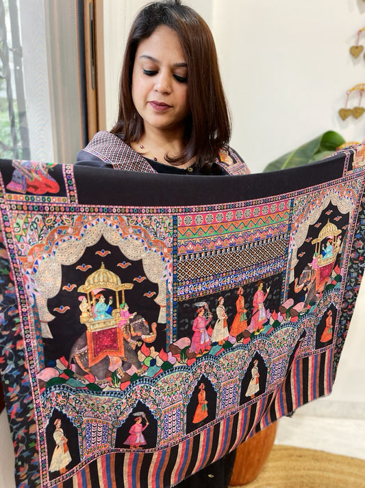 Black Printed Reversible Kalamkari Stoles in Premium Wool