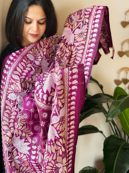 Wine Handmade Nakshi Kantha Dupatta in Pure Silk