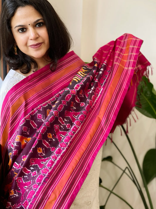 Wine Handwoven Ikat Dupatta in Pure Silk
