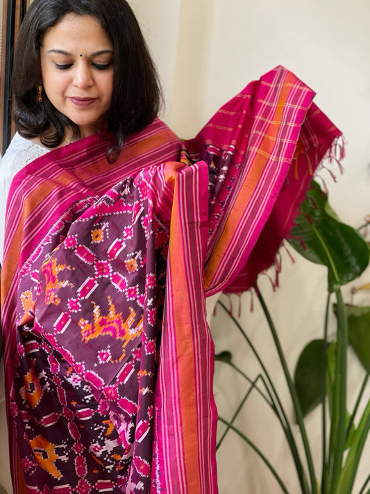 Wine Handwoven Ikat Dupatta in Pure Silk