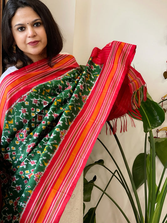 Bottle Green Handwoven Ikat Dupatta in Pure Silk