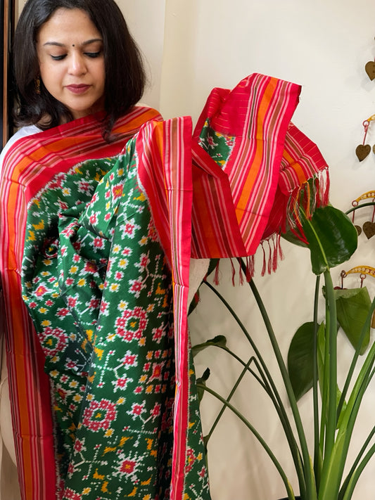 Bottle Green Handwoven Ikat Dupatta in Pure Silk
