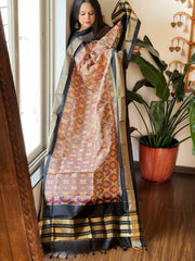 Grey Handwoven Ikat Dupatta in Pure Silk