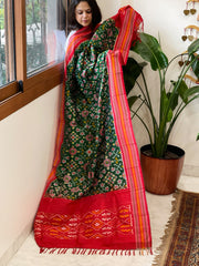 Bottle Green Handwoven Ikat Dupatta in Pure Silk