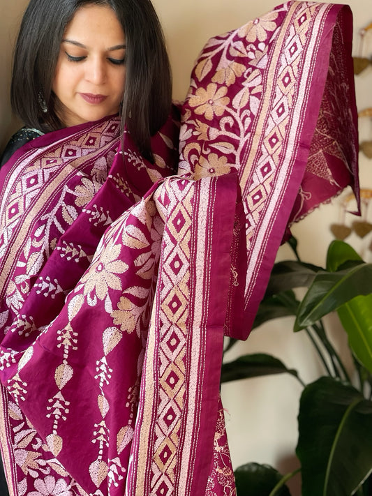 Wine Handmade Nakshi Kantha Dupatta in Pure Silk