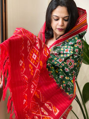 Bottle Green Handwoven Ikat Dupatta in Pure Silk