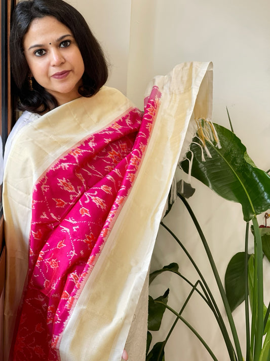 Pink Handwoven Ikat Dupatta in Pure Silk