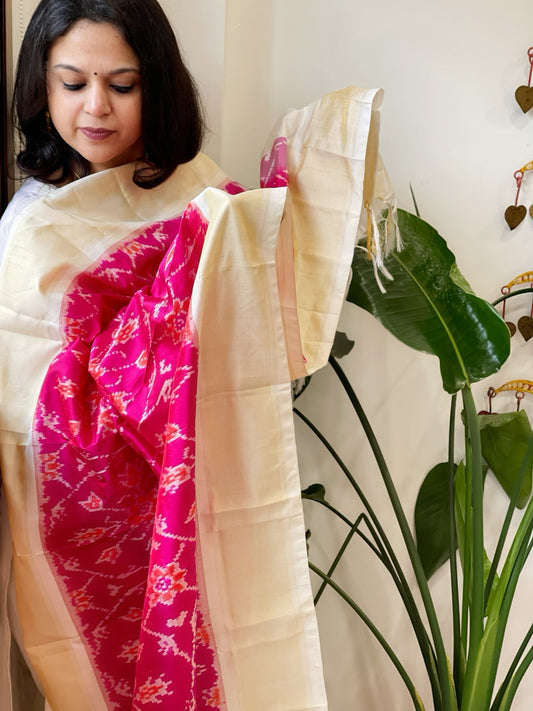 Pink Handwoven Ikat Dupatta in Pure Silk
