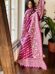 Wine Handmade Nakshi Kantha Dupatta in Pure Silk