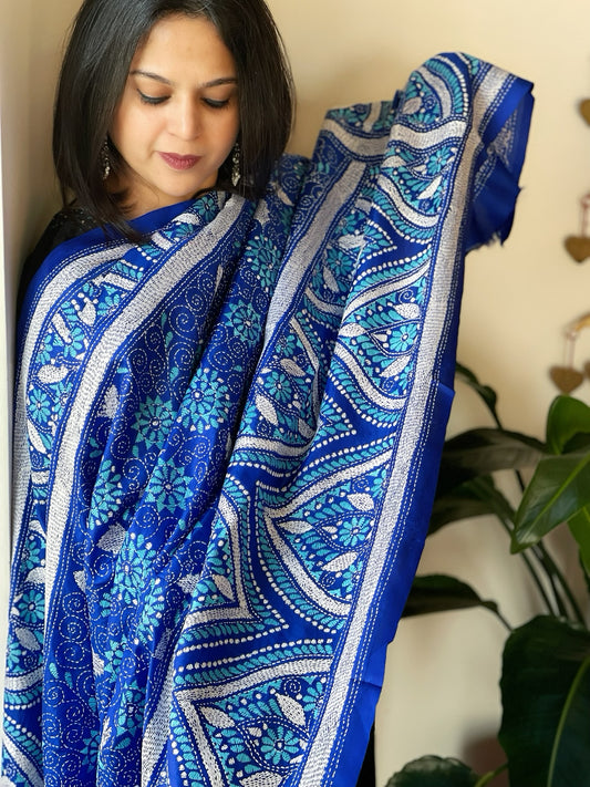 Blue Handmade Nakshi Kantha Dupatta in Pure Silk