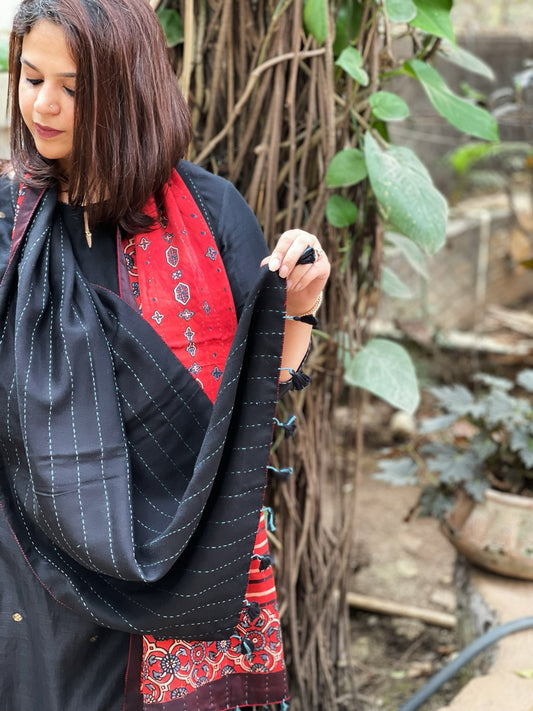 Ajrakh Handblock Printed Silk-Woollen Stole