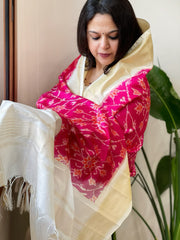 Pink Handwoven Ikat Dupatta in Pure Silk