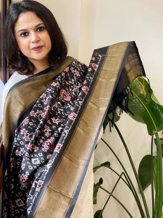 Black Handwoven Ikat Dupatta in Pure Silk