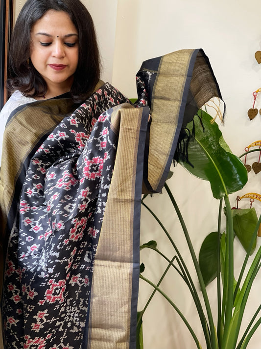 Black Handwoven Ikat Dupatta in Pure Silk