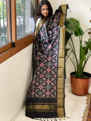 Black Handwoven Ikat Dupatta in Pure Silk