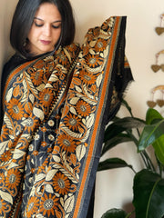 Black Handmade Nakshi Kantha Dupatta in Pure Silk