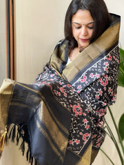 Black Handwoven Ikat Dupatta in Pure Silk