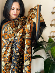 Black Handmade Nakshi Kantha Dupatta in Pure Silk