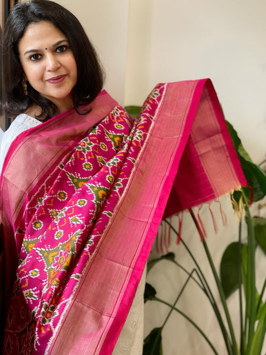 Pink Handwoven Ikat Dupatta in Pure Silk