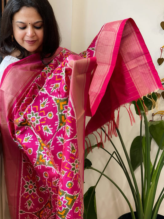 Pink Handwoven Ikat Dupatta in Pure Silk