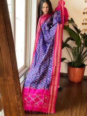 Pink, Blue Handwoven Ikat Dupatta in Pure Silk