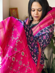 Pink, Blue Handwoven Ikat Dupatta in Pure Silk