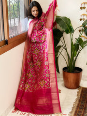 Pink Handwoven Ikat Dupatta in Pure Silk