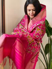 Pink Handwoven Ikat Dupatta in Pure Silk