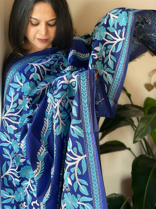 Blue Handmade Nakshi Kantha Dupatta in Pure Silk