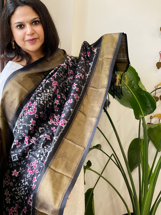 Black Handwoven Ikat Dupatta in Pure Silk
