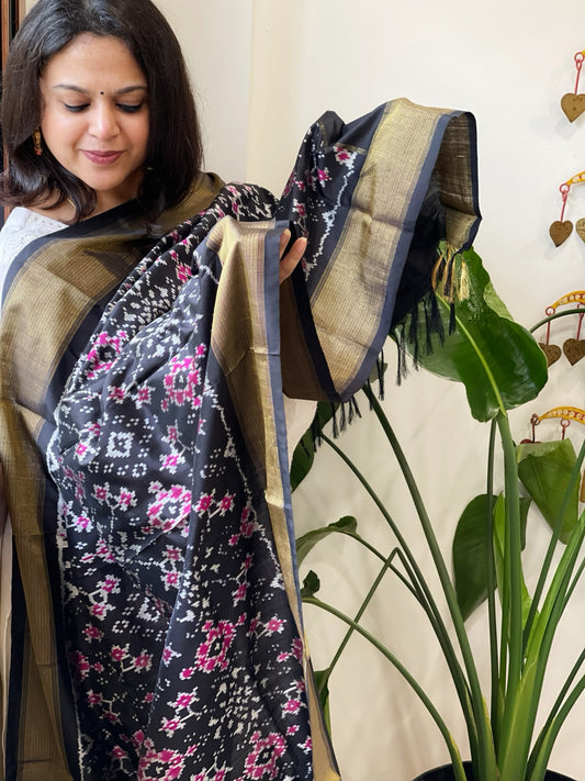 Black Handwoven Ikat Dupatta in Pure Silk