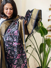 Black Handwoven Ikat Dupatta in Pure Silk