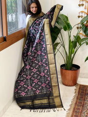 Black Handwoven Ikat Dupatta in Pure Silk