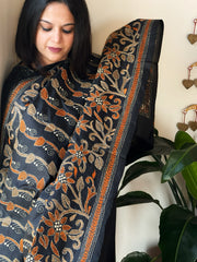 Black Handmade Nakshi Kantha Dupatta in Pure Silk