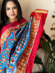 Red, Blue Handwoven Ikat Dupatta in Pure Silk