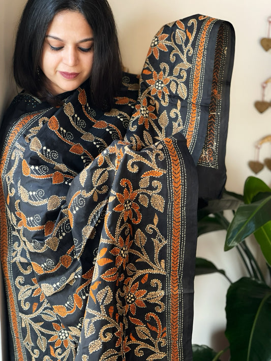 Black Handmade Nakshi Kantha Dupatta in Pure Silk