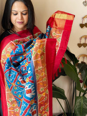 Red, Blue Handwoven Ikat Dupatta in Pure Silk