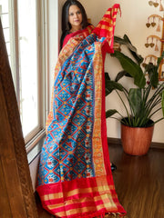 Red, Blue Handwoven Ikat Dupatta in Pure Silk