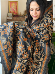 Black Handmade Nakshi Kantha Dupatta in Pure Silk