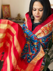 Red, Blue Handwoven Ikat Dupatta in Pure Silk