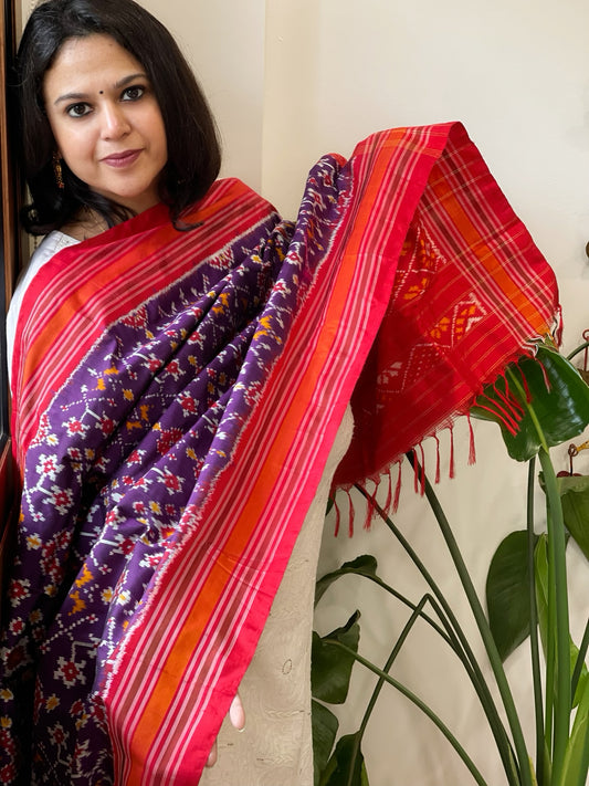 Purple Handwoven Ikat Dupatta in Pure Silk
